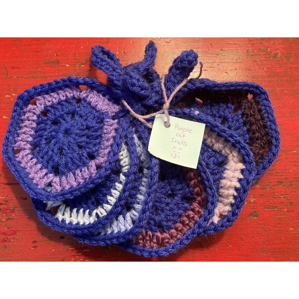 PURPLE CAT CRAFTS Handmade Crocheted Coasters Lot of 6 Purple Colorful